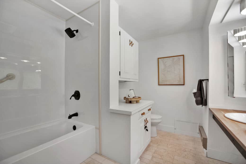 Primary bathroom, hairdryer provided. 