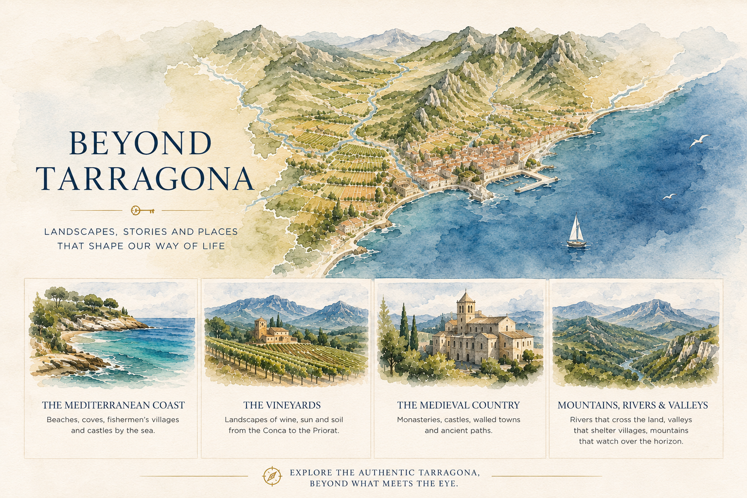 Watercolour landscape of Tarragona, from the Mediterranean coast to vineyards, rivers, valleys and mountains