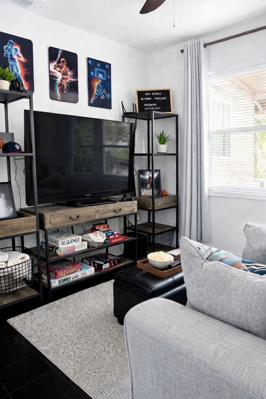 Comfortable work and entertainment room with big TV