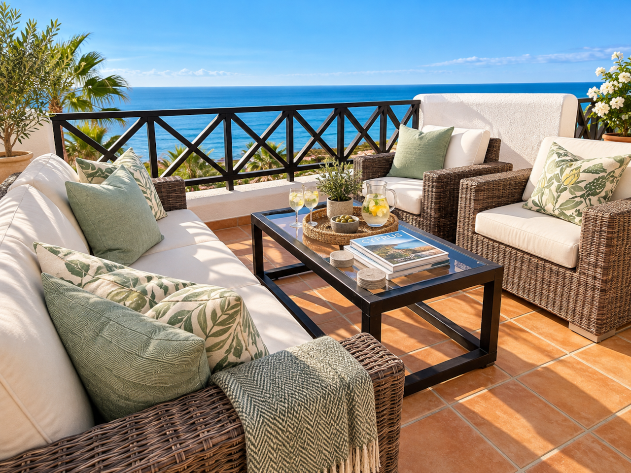 Mediterranean roof terrace overlooking sea