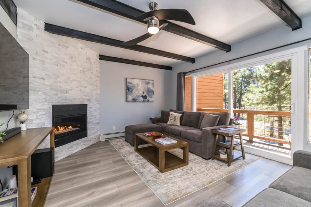 Living room with fireplace and queen size sofa bed