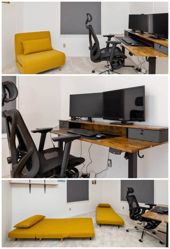 This workspace seating can be converted into two comfortable single beds 