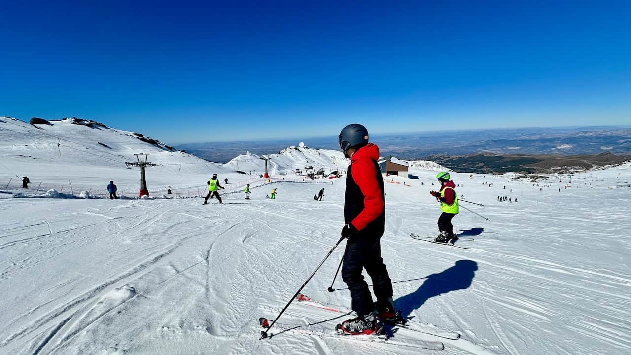 Skier enjoying sunny slopes in Sierra Nevada near Granada, Andalusia