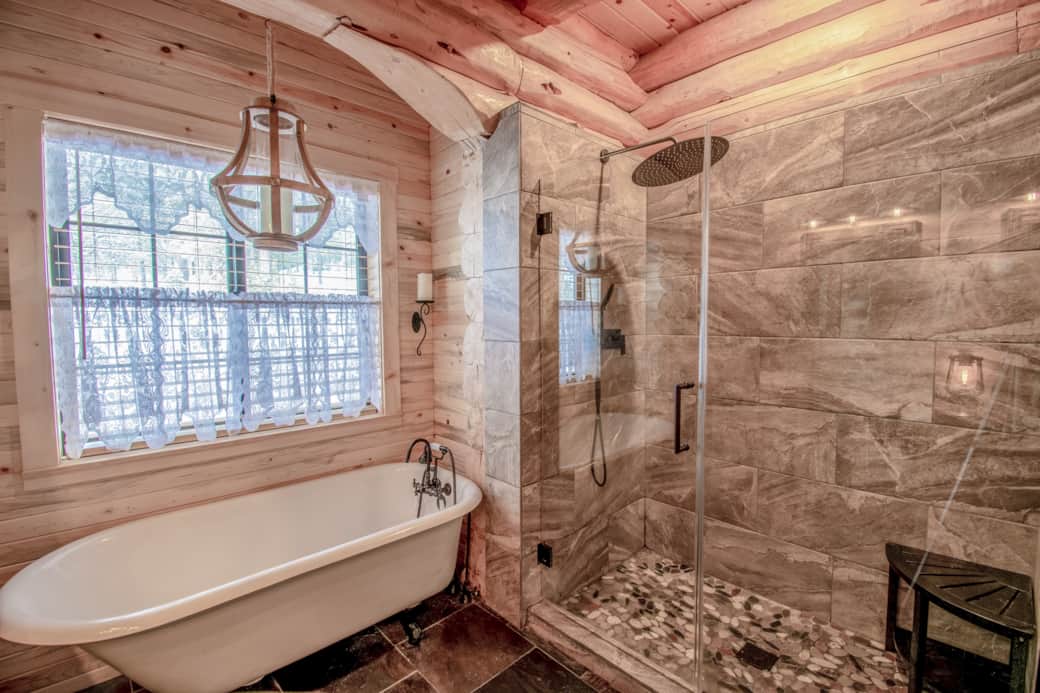 The Crescent Suite ensuite (private) with clawfoot tub and large shower with rain-bird shower head