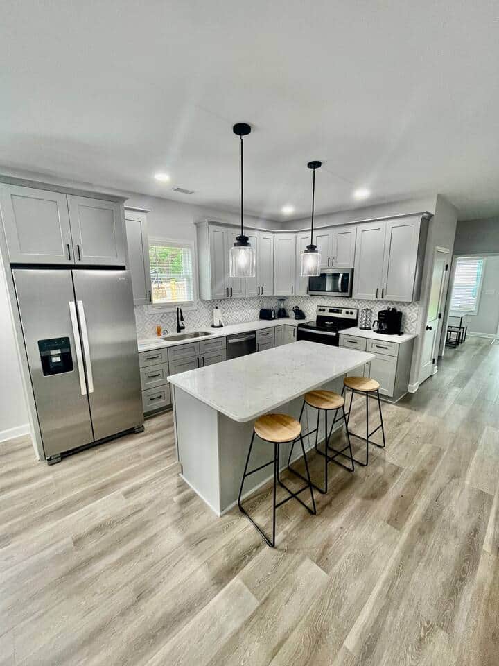 Kitchen area with bar seating