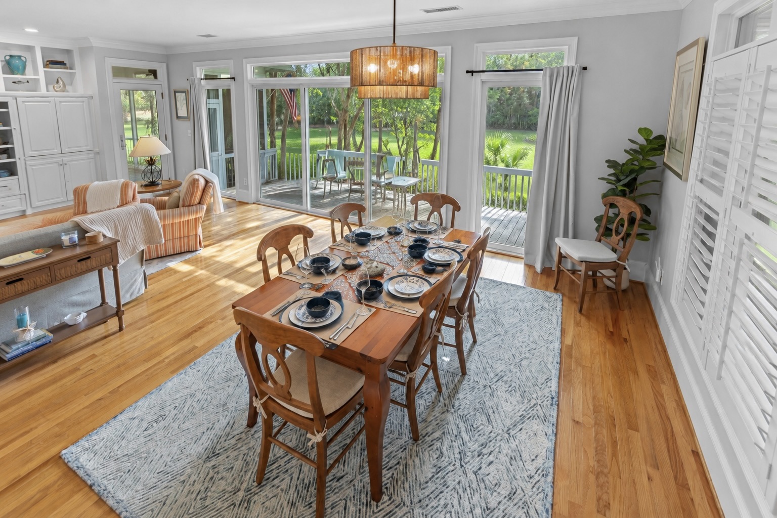 Dining table for six, with five more seats at the island and bar