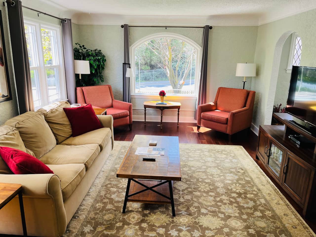 Big, beautiful living room. Sofa has a queen-size pull-out bed with a memory foam mattress.