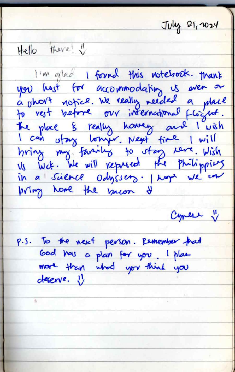 Handwritten guest note from Raya P09 guest book