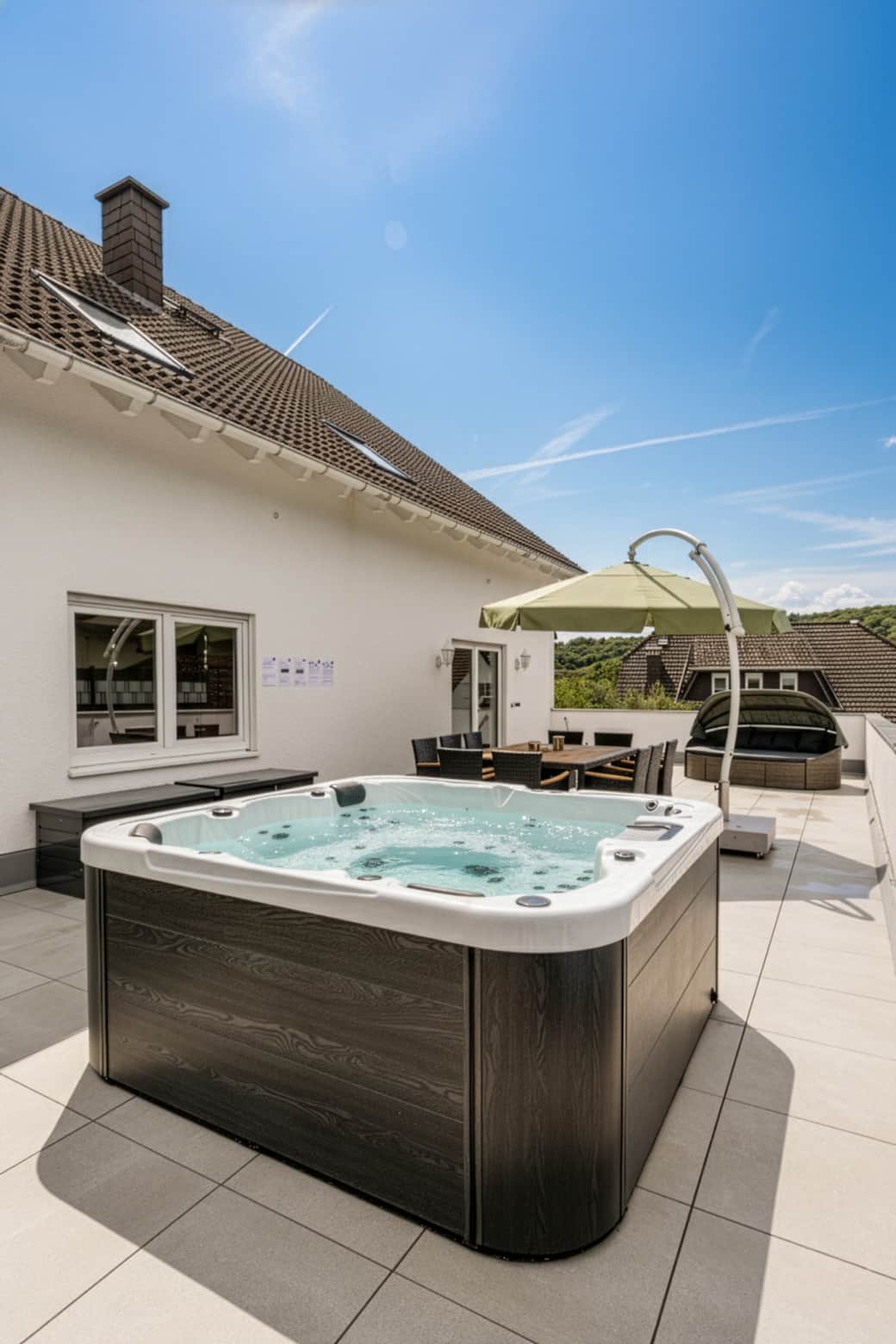 Dachterrasse mit Jacuzzi, Liegestuhl, Sonneninsel, großem Tisch und 10 Stühlen.