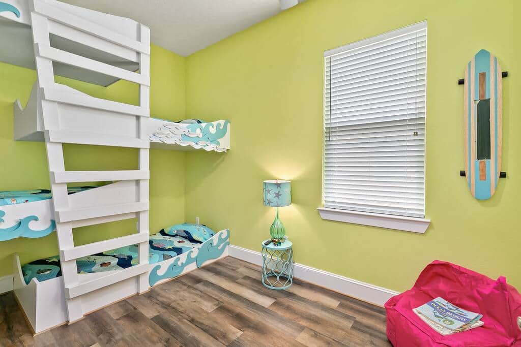 Bedroom 4 (Kids room) with 3 bunk beds and a Roku TV