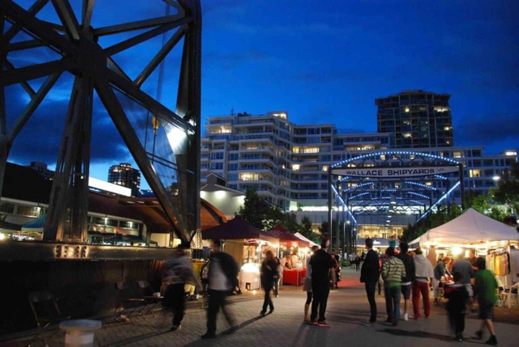 Take in the vibrant nightlife of the Shipyards Night Market and Brewery District in Lower Lonsdale Take in the vibrant nightlife of the Shipyards Night Market and Brewery District in Lower Lonsdale