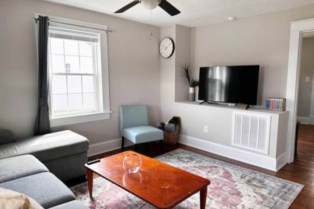 Living Room, featuring a TV with Roku.  Bring your login information to use during your stay.  Using our guest mode, you can schedule your logout at the end of the trip - one less thing to think about!