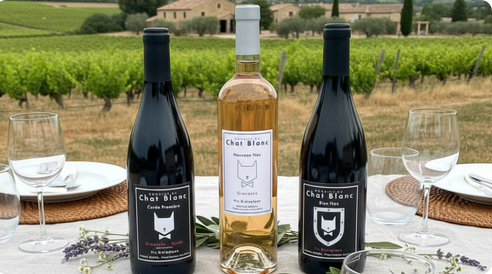 Bottles of wine from the Domaine du Chat Blanc in front of the La Bastide du Chat Blanc villa in Provence in the Luberon