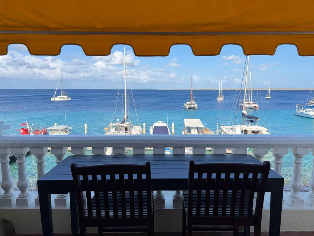 This is our go-to spot for morning coffee and views of the arriving boats.