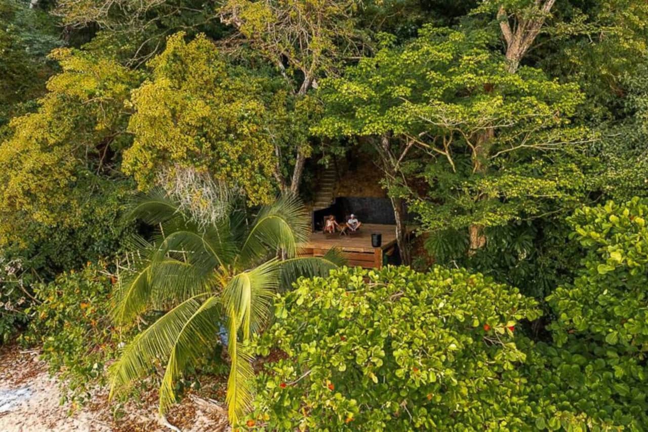 A wooden deck hidden in the jungle canopy, made for disconnecting at Saboga Lodge