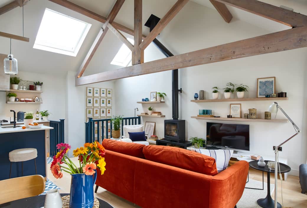 Open plan living area with vaulted ceiling Open plan living area with vaulted ceiling
