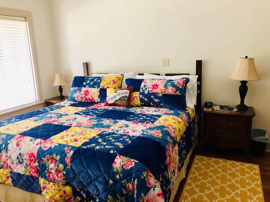 King size bed in Master Bedroom with Pioneer Woman bedding. King size bed in Master Bedroom with Pioneer Woman bedding.
