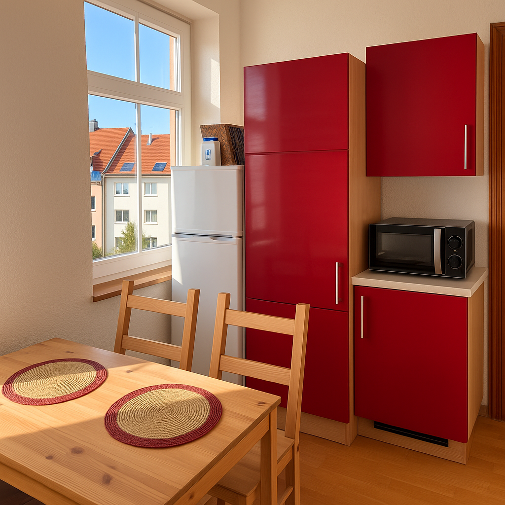 Helle Küche mit rotem Schrank