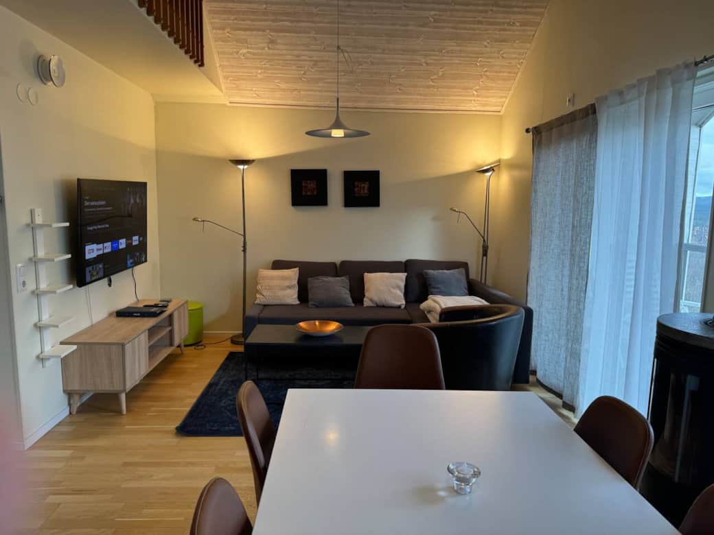 Öppen planlösning med kök, matplats, vardagsrum och TV i ett, samt direkt utgång till altanen. 