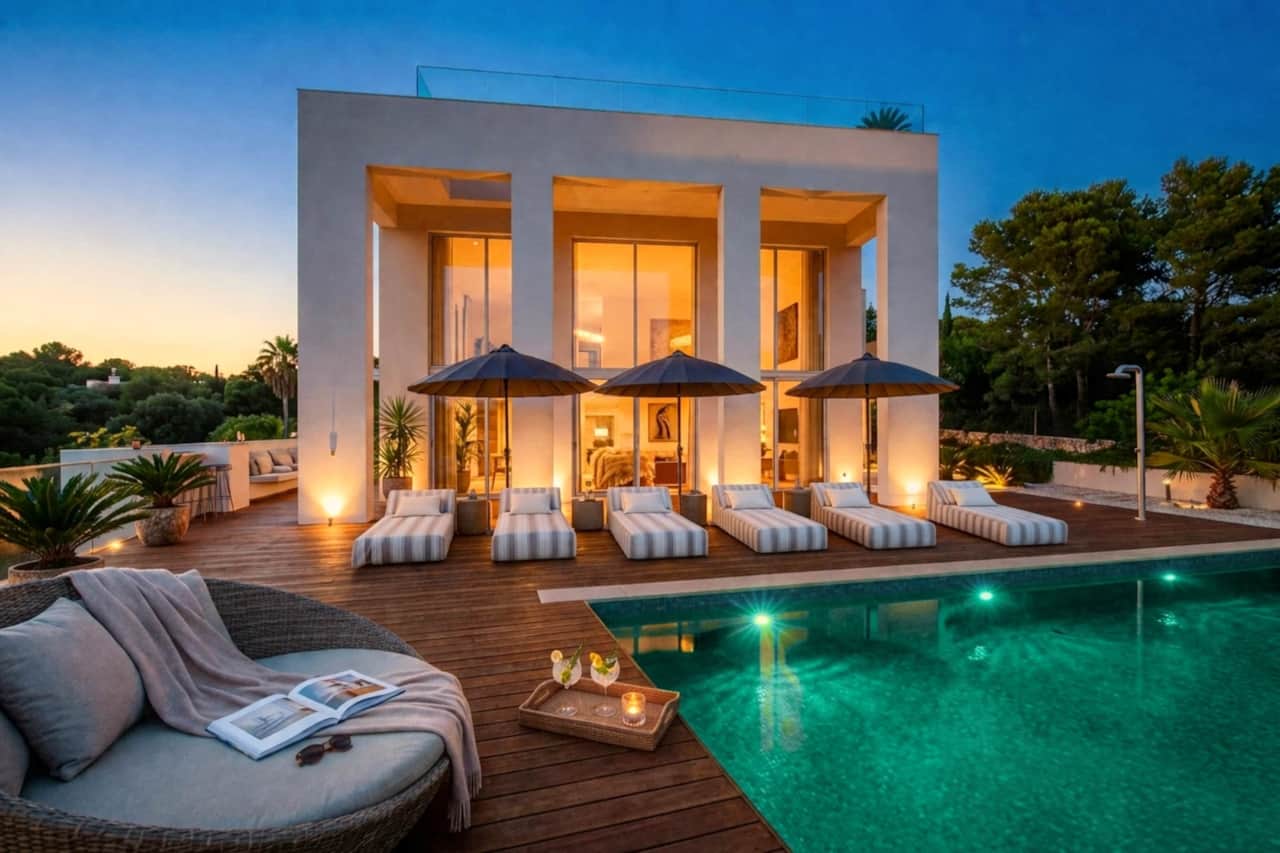 Moradia ao entardecer com espreguiçadeiras junto a uma piscina iluminada no Algarve