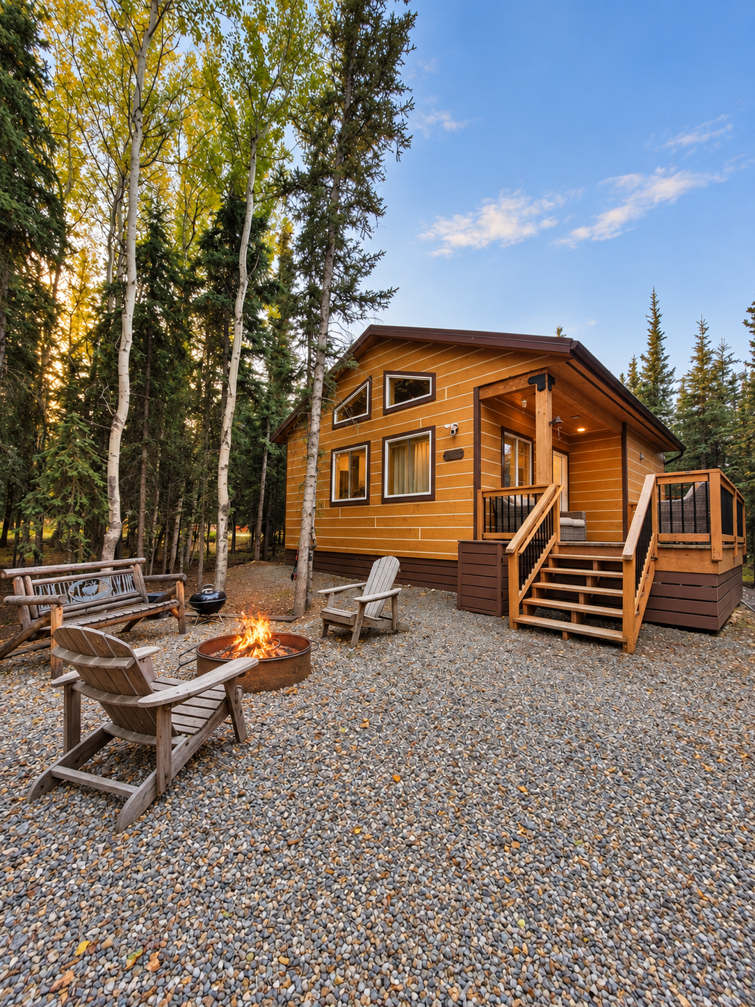 Front yard with fire pit and outdoor seating area