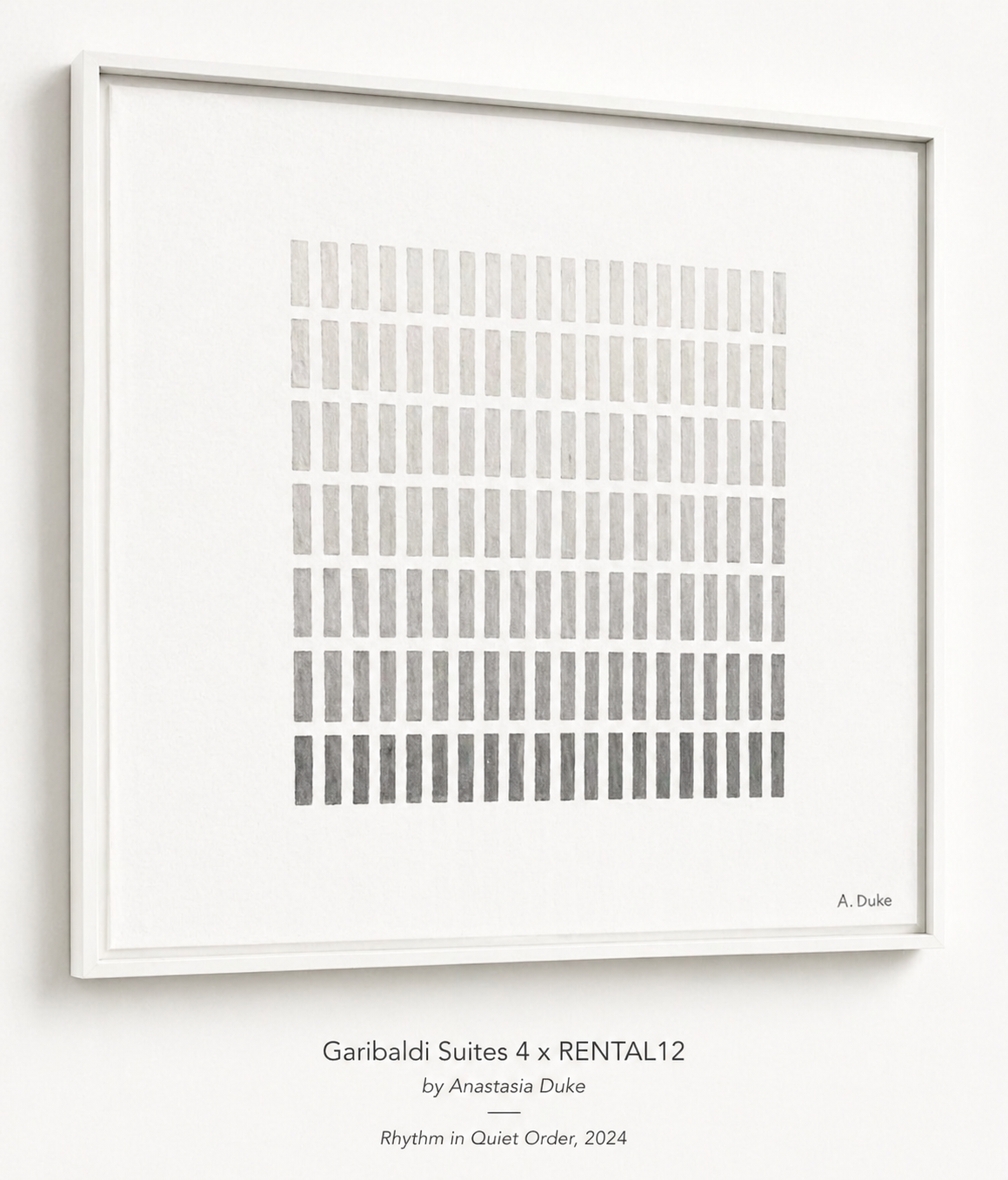 Rhythm in Quiet Order by Anastasia Duke — grey, black, and white framed mixed-media painting hanging at Garibaldi Suites #4 in Olbia, the first canvas Anastasia painted after arriving in Sardinia