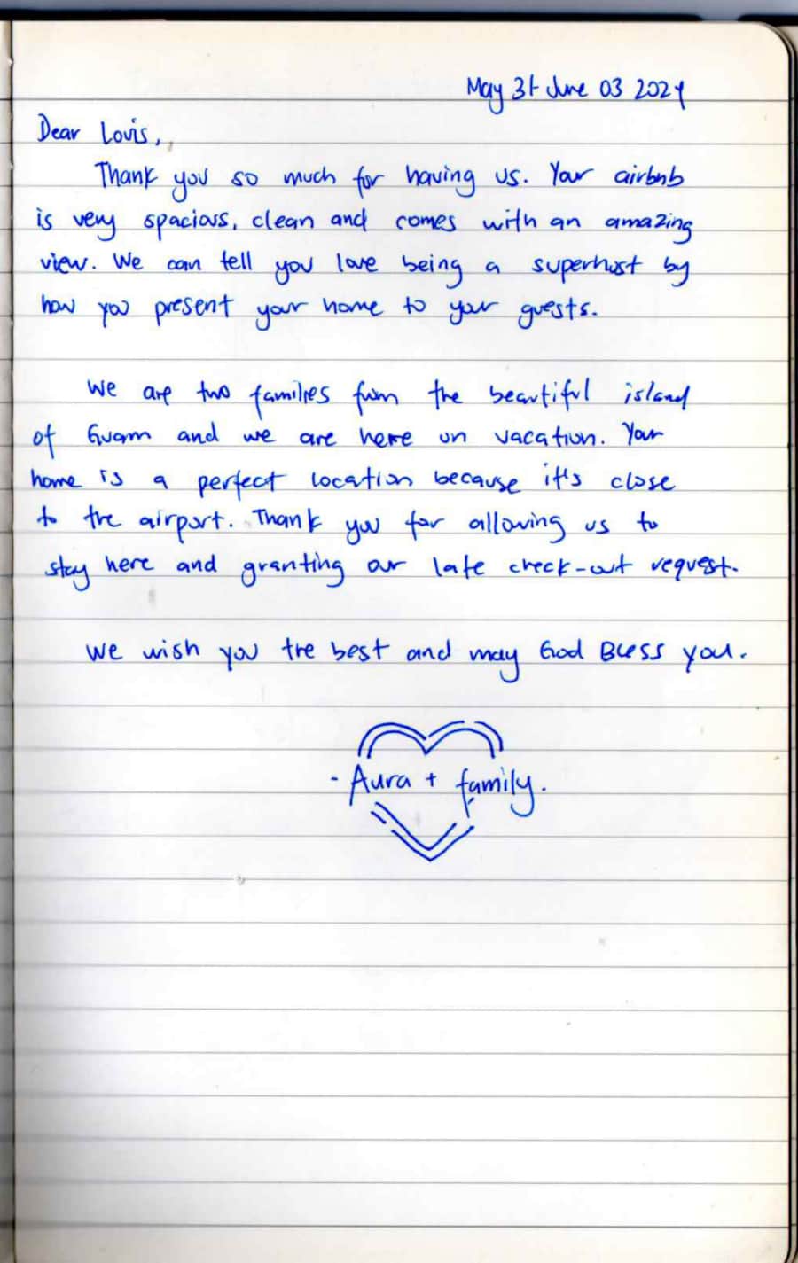 Handwritten guest note from Raya P09 guest book