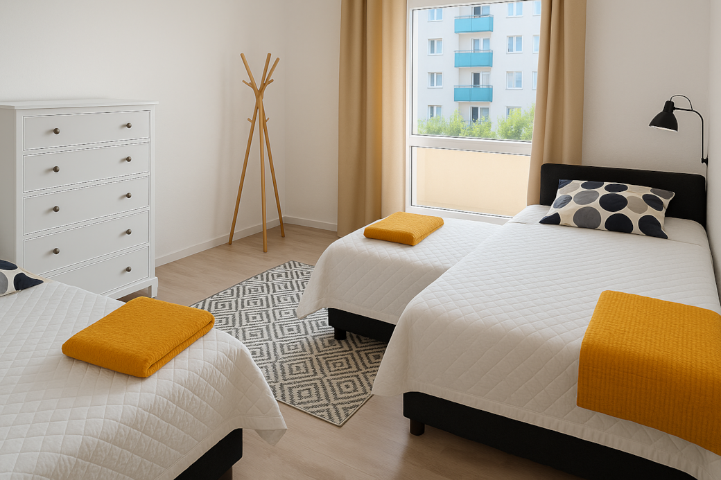 Helles modernes Schlafzimmer mit Tageslicht Helles modernes Schlafzimmer mit Tageslicht