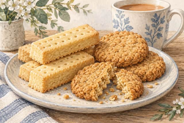 Watercolour illustration of Scottish shortbread, oat biscuits and tea