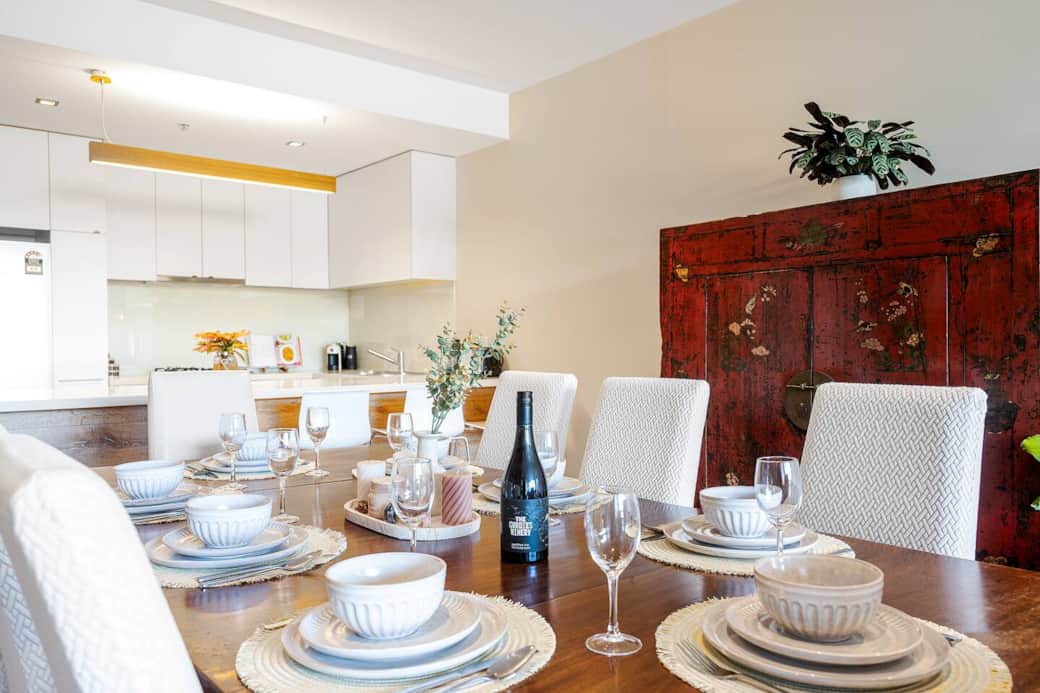 Dining table set for eight people