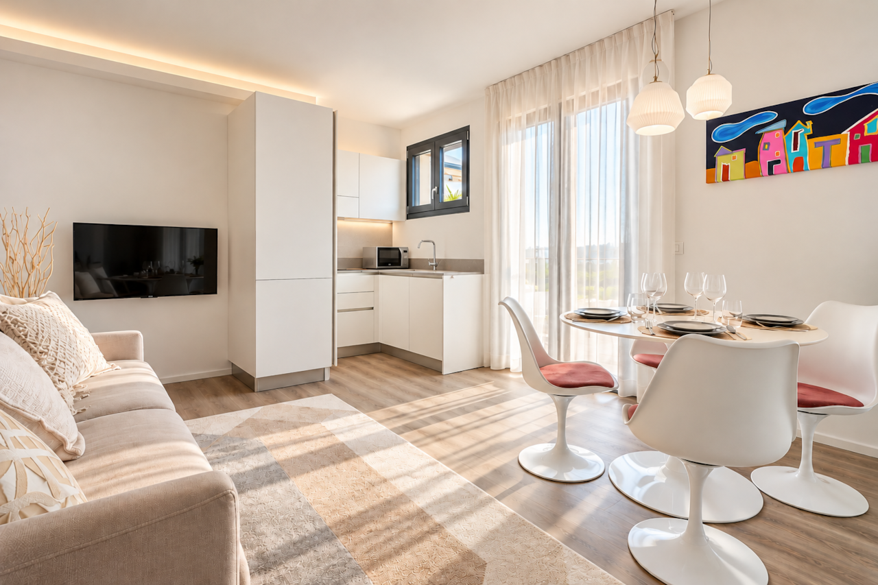 Soggiorno moderno con cucina e sala da pranzo
