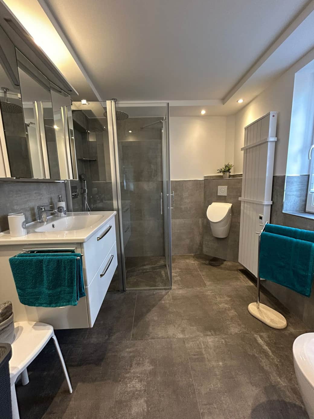 Geräumige Dusche und Urinal