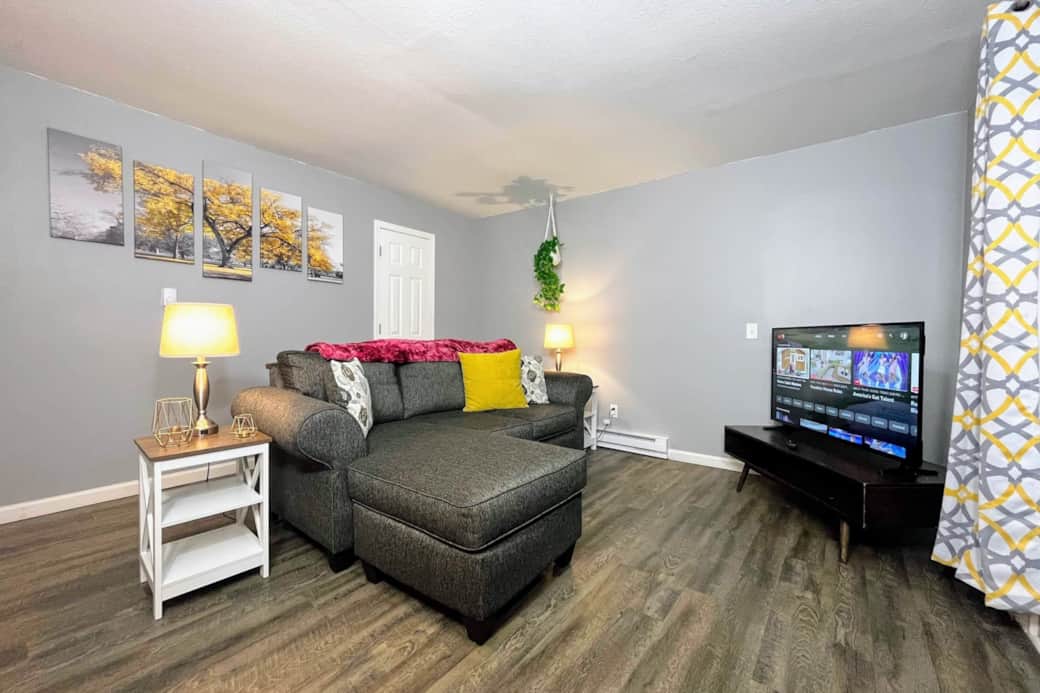 Living room has a 50" smart 4K TV with live channels and movies through youtubeTV