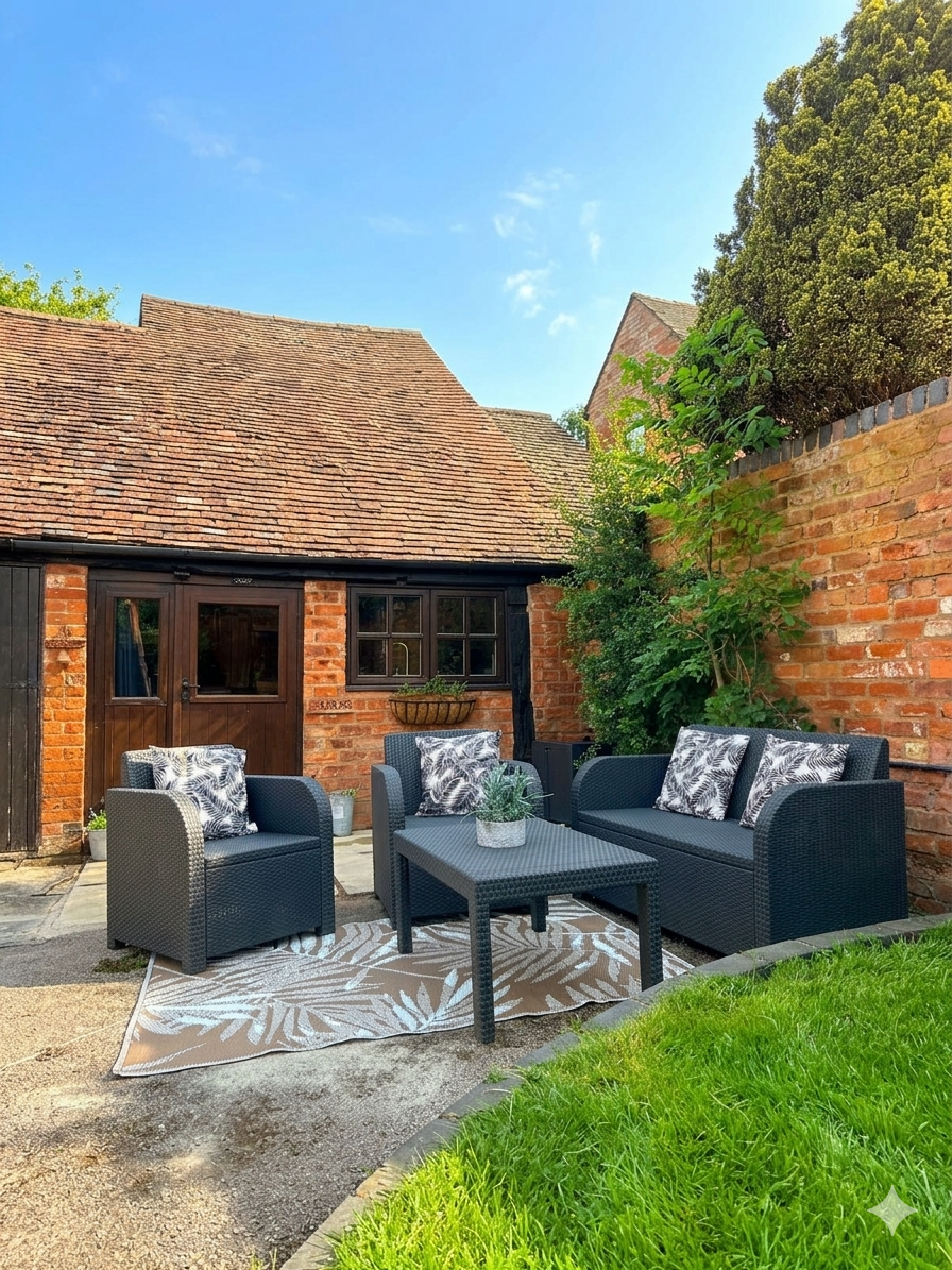 Outdoor seating and enterance to Needle and Grain