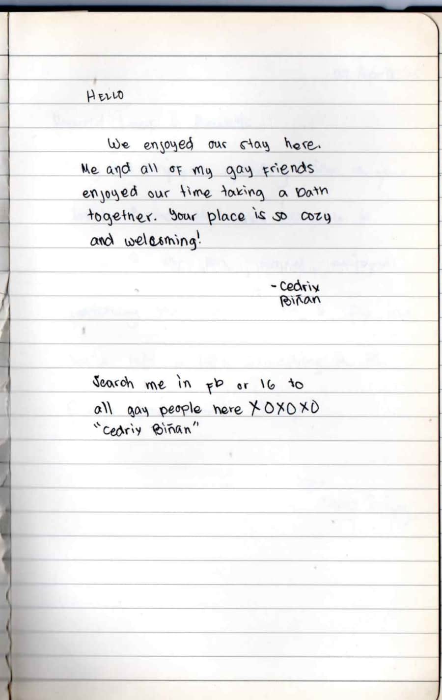 Handwritten guest note from Raya P09 guest book