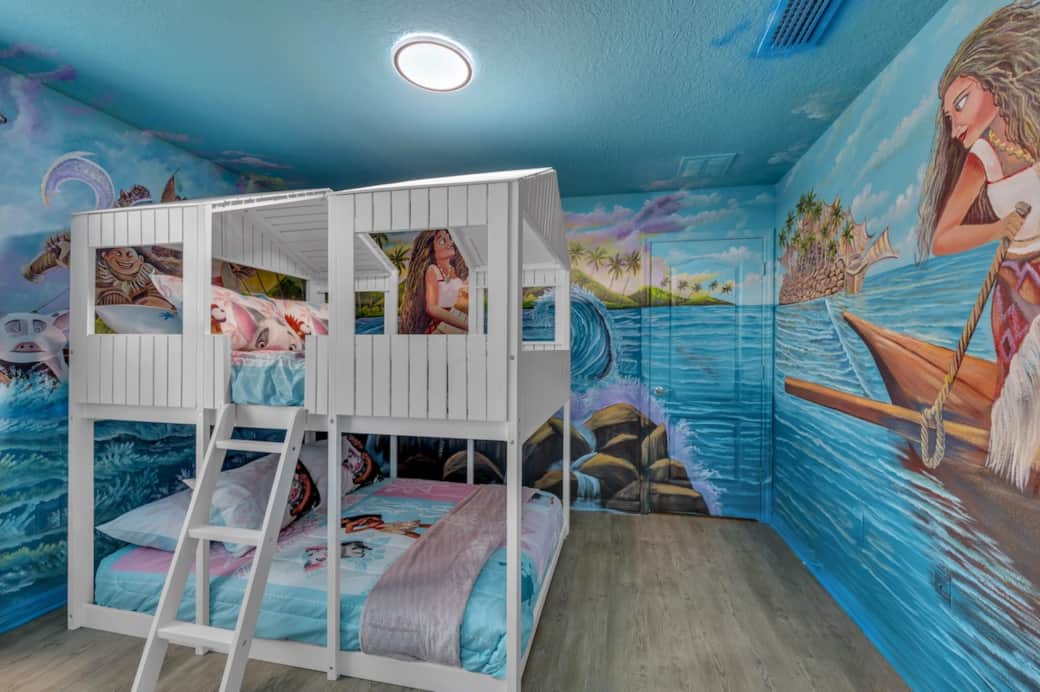 Stunning ocean-themed Moana's bunk room with hand-painted murals, island-style loft beds, glowing colors, and space for young explorers to dream big. A favorite for photos, giggles, and bedtime stories after long park days. Our most photographed room Stunning ocean-themed Moana's bunk room with hand-painted murals, island-style loft beds, glowing colors, and space for young explorers to dream big. A favorite for photos, giggles, and bedtime stories after long park days. Our most photographed room