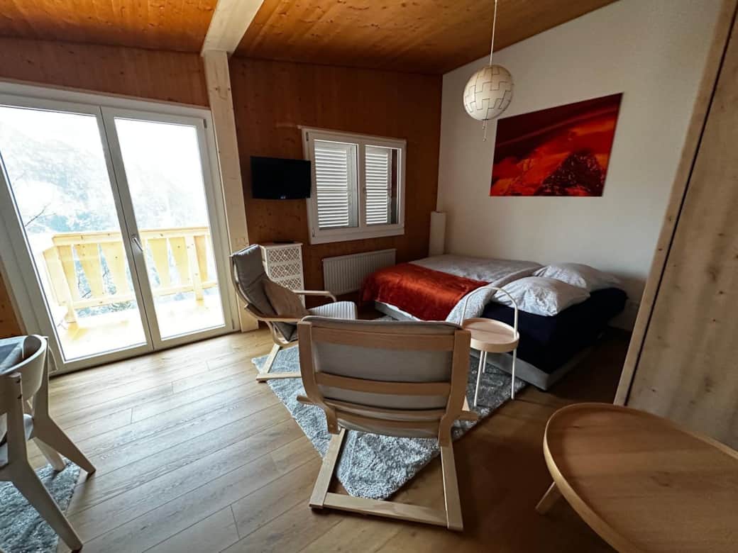 Living Room with a Sleeping Couch with Mountain View Living Room with a Sleeping Couch with Mountain View