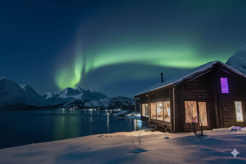 Northern Lights over the Nordlys holiday home – a winter wonderland on the fjord