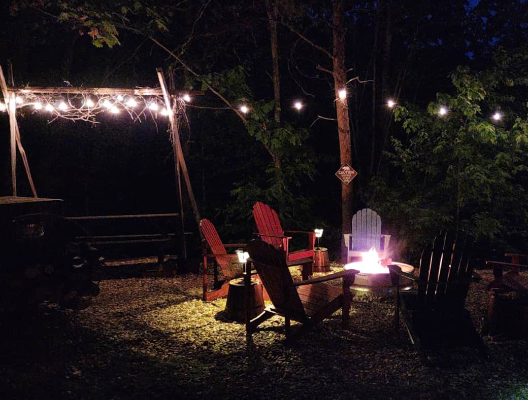 Fire pit with plenty of seating and lights! Fire pit with plenty of seating and lights!