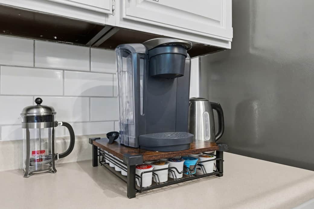 In addition to fresh ground coffee, a Keurig, French Press and percolator are all options.