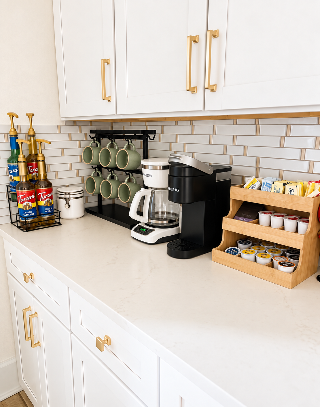 Coffee station with supplies in the kitchen at White Magnolia Galveston