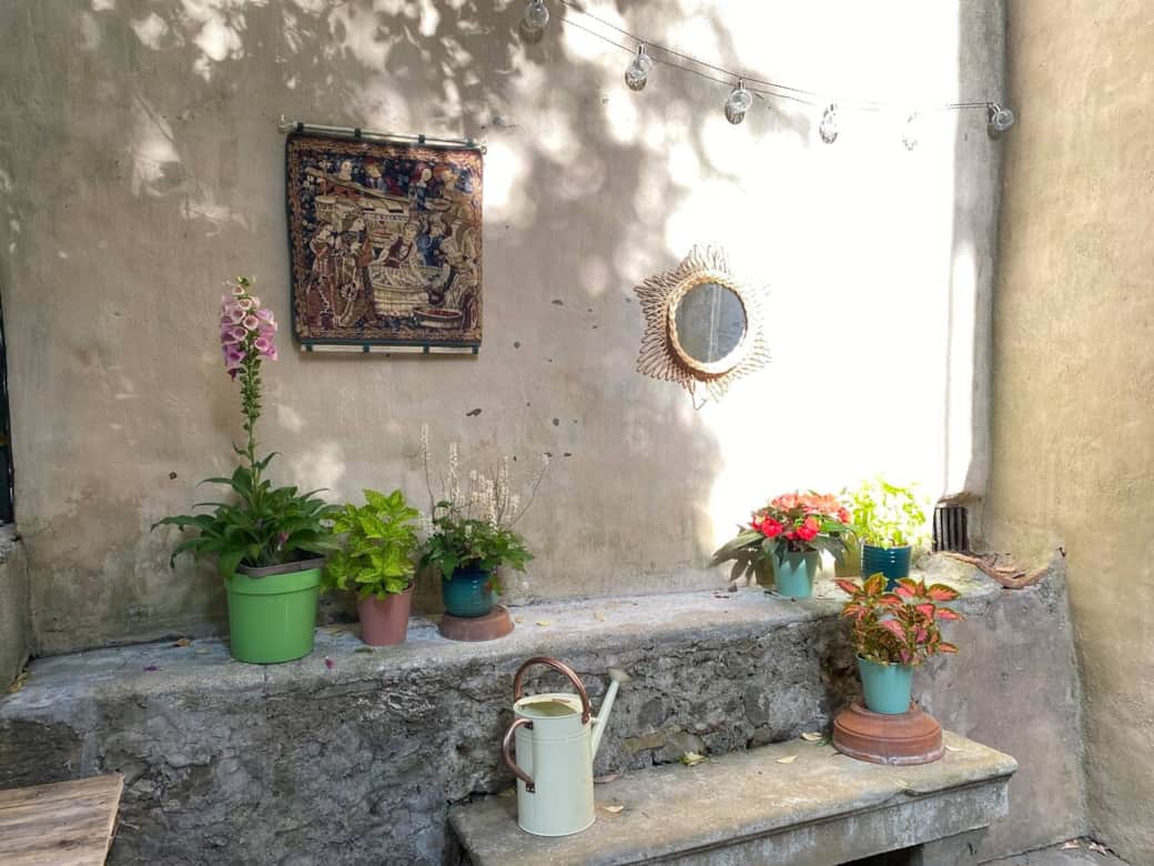 Rustic garden corner with vibrant plants, a vintage watering can, and artistic touches for relaxatio Rustic garden corner with vibrant plants, a vintage watering can, and artistic touches for relaxatio