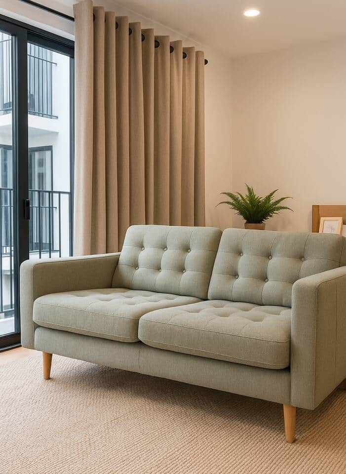 Modern and cozy living area with natural light, blackout curtains, and a comfy loveseat — perfect for reading, relaxing, or winding down after a productive workday