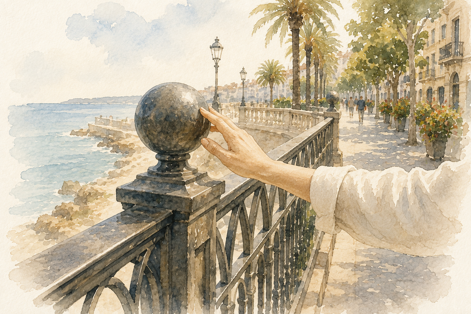 Touching the iron railing at the Balcó del Mediterrani in Tarragona