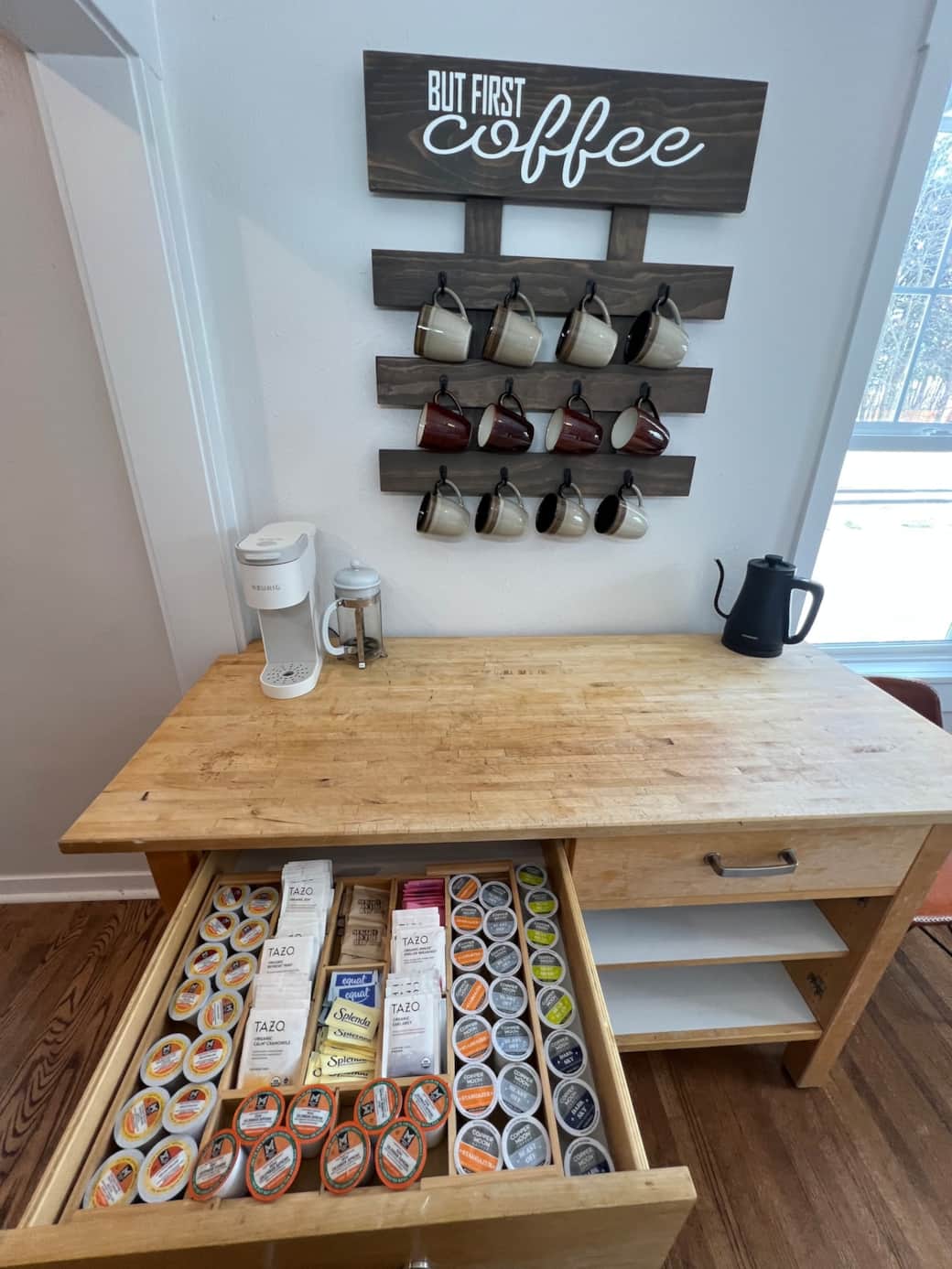 Coffee is essential!  Decaf, flavored, dark/medium/light roasts, variety of teas, sugars and hot chocolate - something for everyone!