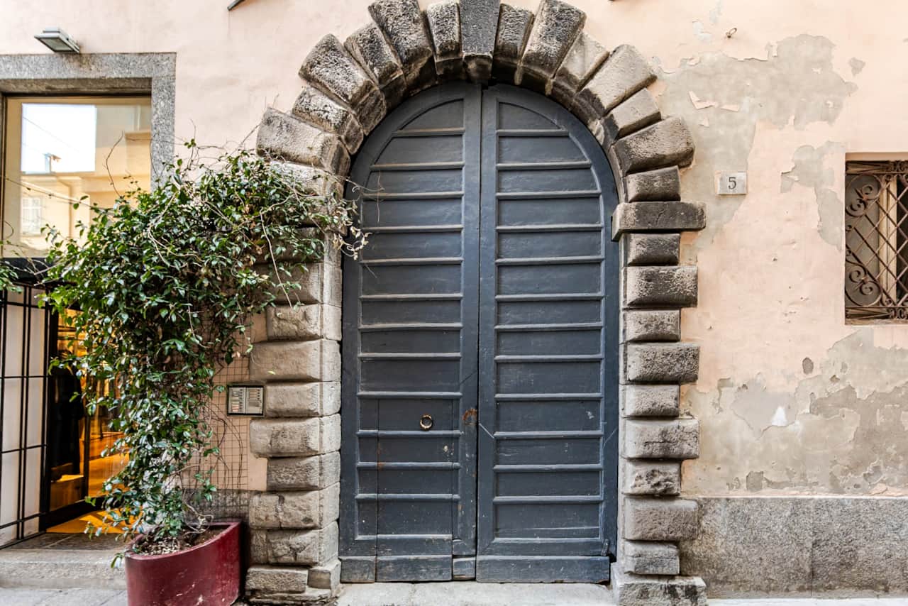 Porte cochère sombre en arc avec plantes vertes à côté