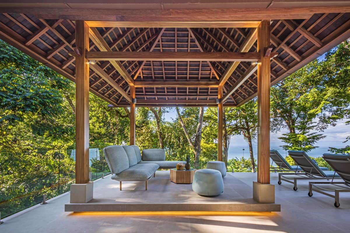 Balinese style gazebo with panoramic view of ocean and jungle at Private gym at Villa Sueño with panoramic over ocean and jungle at Villa Sueño.