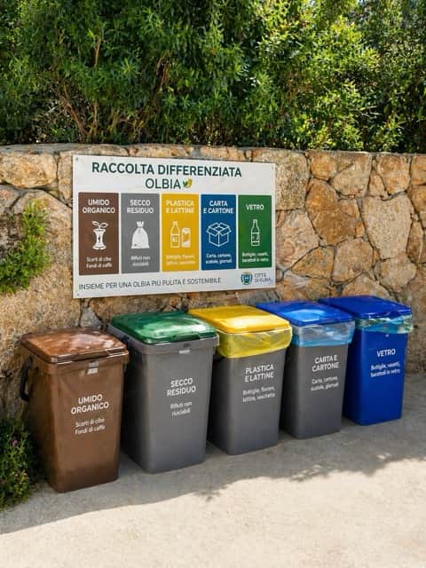 Mülltrennung in Olbia — farbcodierte Tonnen für Papier, Plastik, Glas, Bioabfall und Restmüll nach UNI 11686