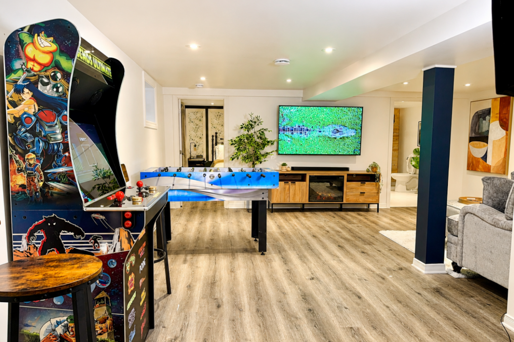 Le chickadee basement game room arcade foosball tv