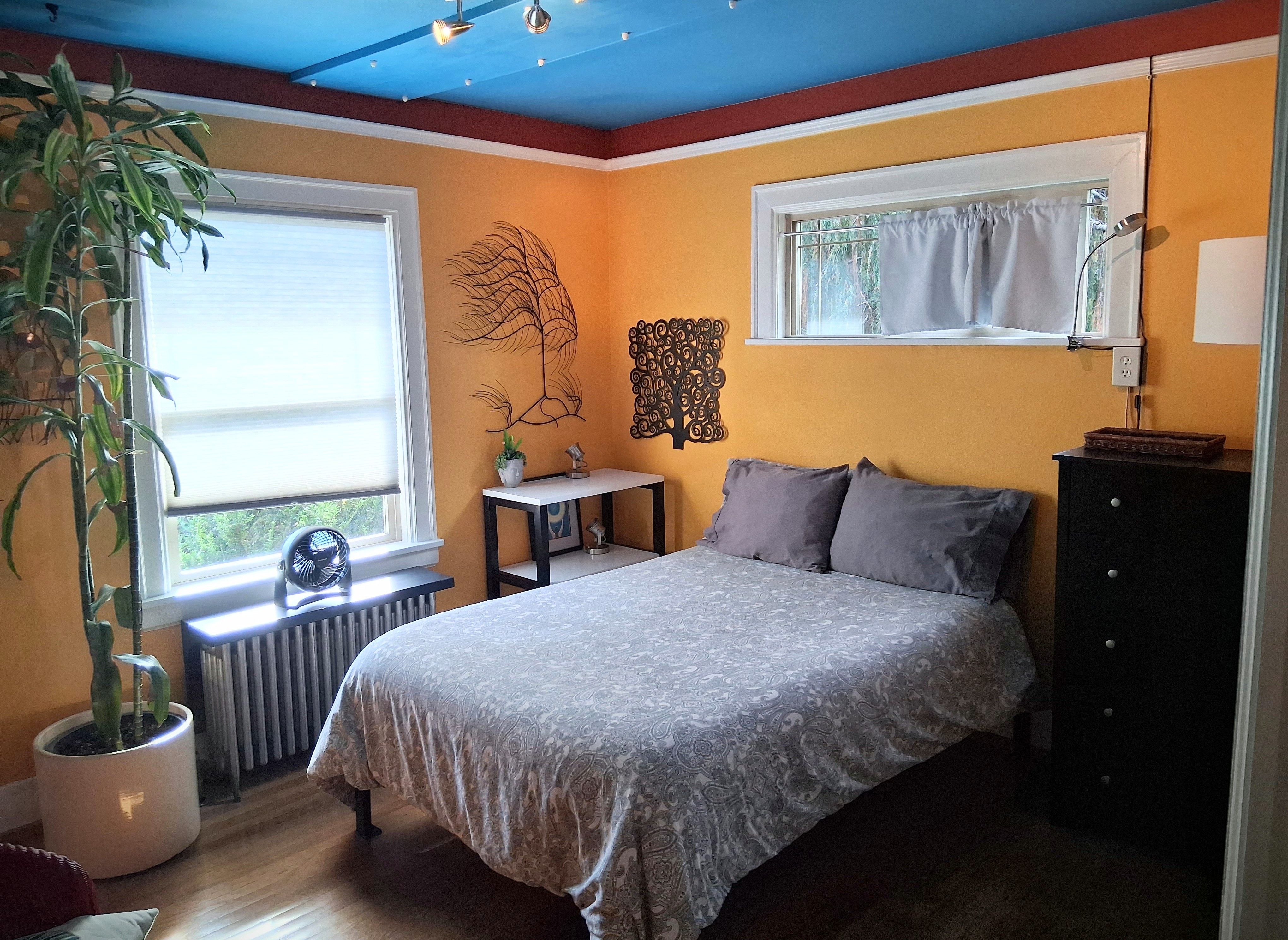 In the main bedroom, open the overhead window to listen to the big fountain. Ask Alexa to open something from its catalog, including a full range of Sleep Jar soundscapes.